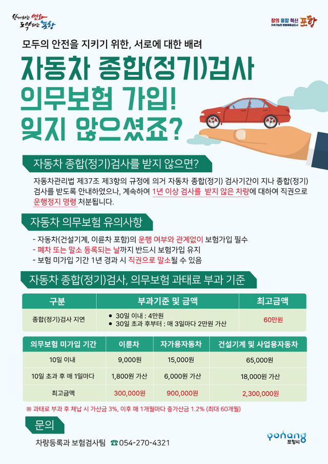 자동차 종합검사와 의무보험가입의 기한 내 이행 홍보전단이미지. / 포항시청 제공